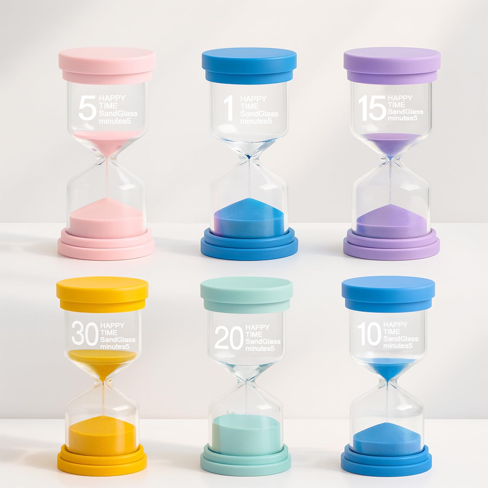 KAIYAY Set di 6 clessidre per bambini, con clessidra colorata per bambini, set da 1/5/10/15/20/30 minuti, timer in vetro per la vita dei bambini, apprendimento, tempistica, regali creativi