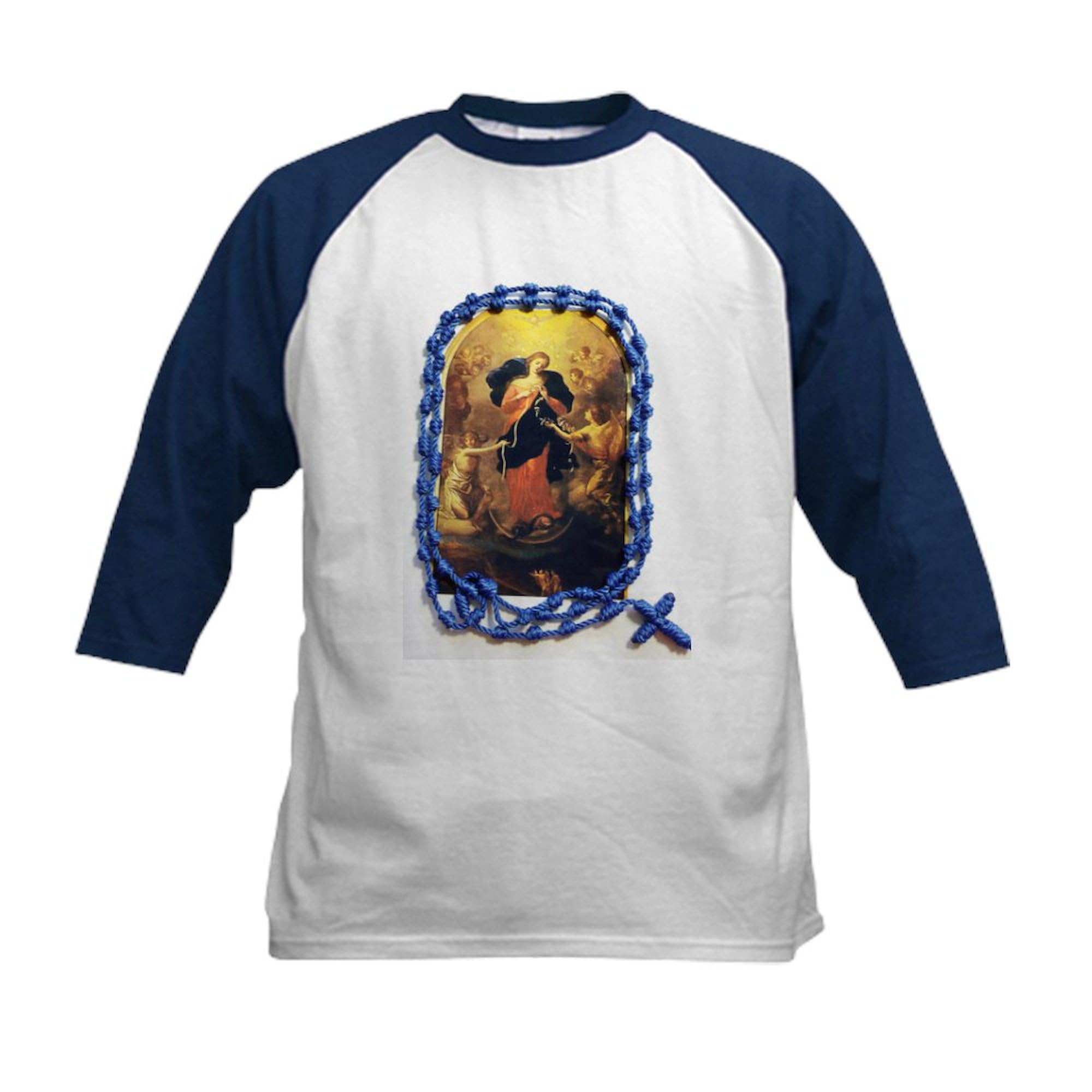CafePress Mary Undoer of Knots Baseball Jersey Kids Cotton Baseball Jersey, 3/4 Raglan Sleeve Shirt Navy/White
