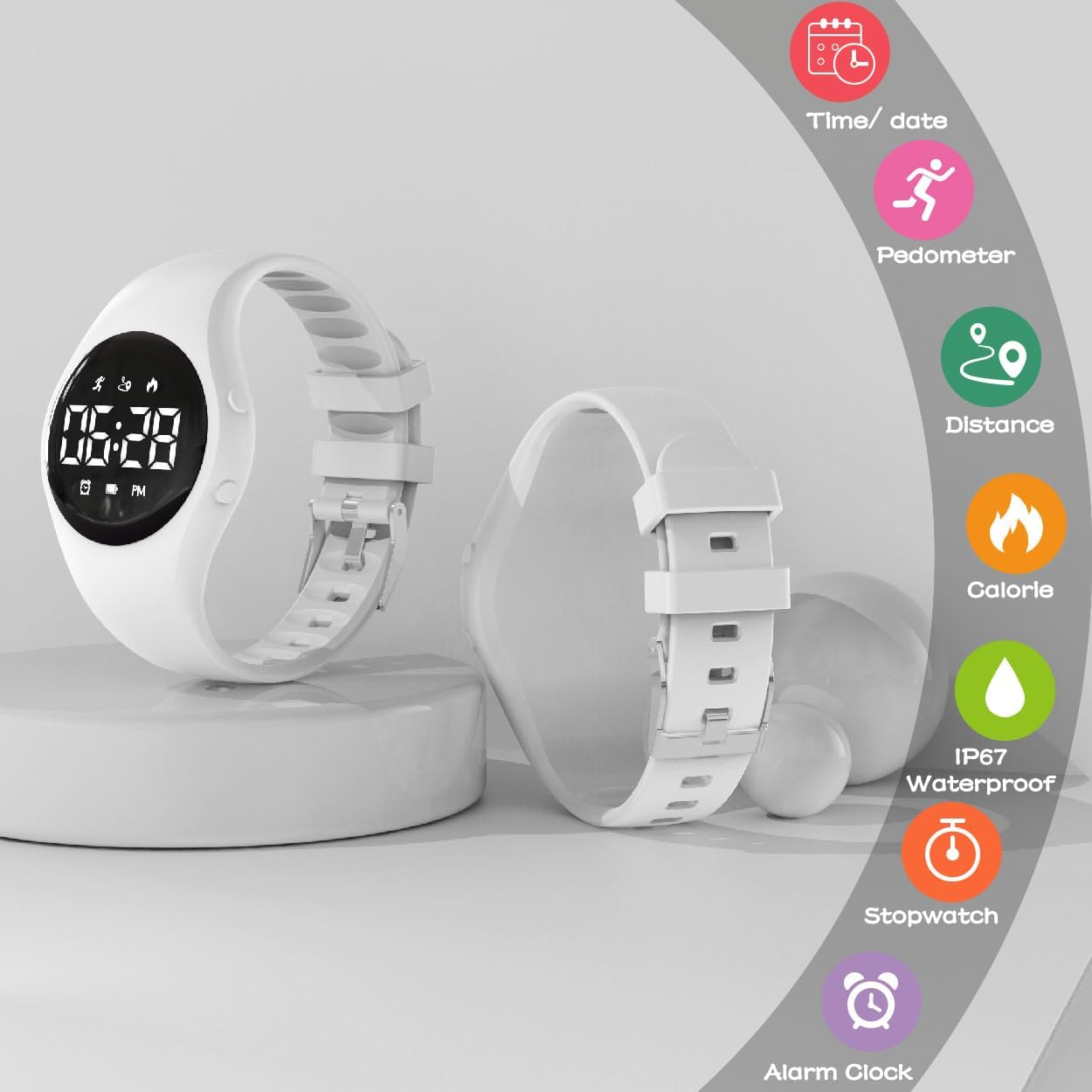 Kids Led Digital Pedometer Watch, Steps Counter, Waterproof Wristwatch, Vibrating Alarm Clock, Stopwatch, Great Gift for Kids Children Teens Girls Boys(White) image 4