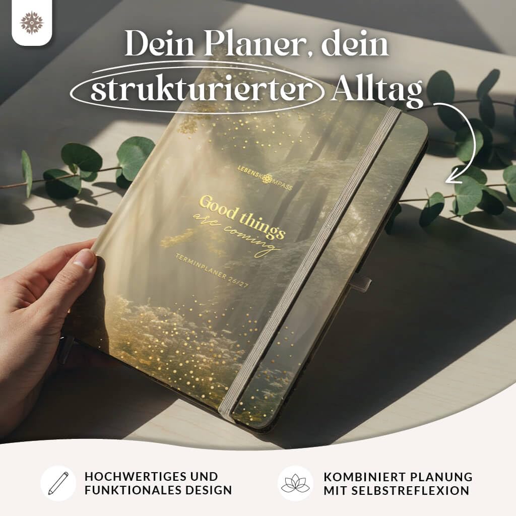 Lebenskompass® Kalender 2026 2027 A5 Wald - Terminplaner Juli 2026 bis Dezember 2027 - 18 Monate Wochenplaner & Buchkalender mit Achtsamkeit, Hardcover mit Goldprägung