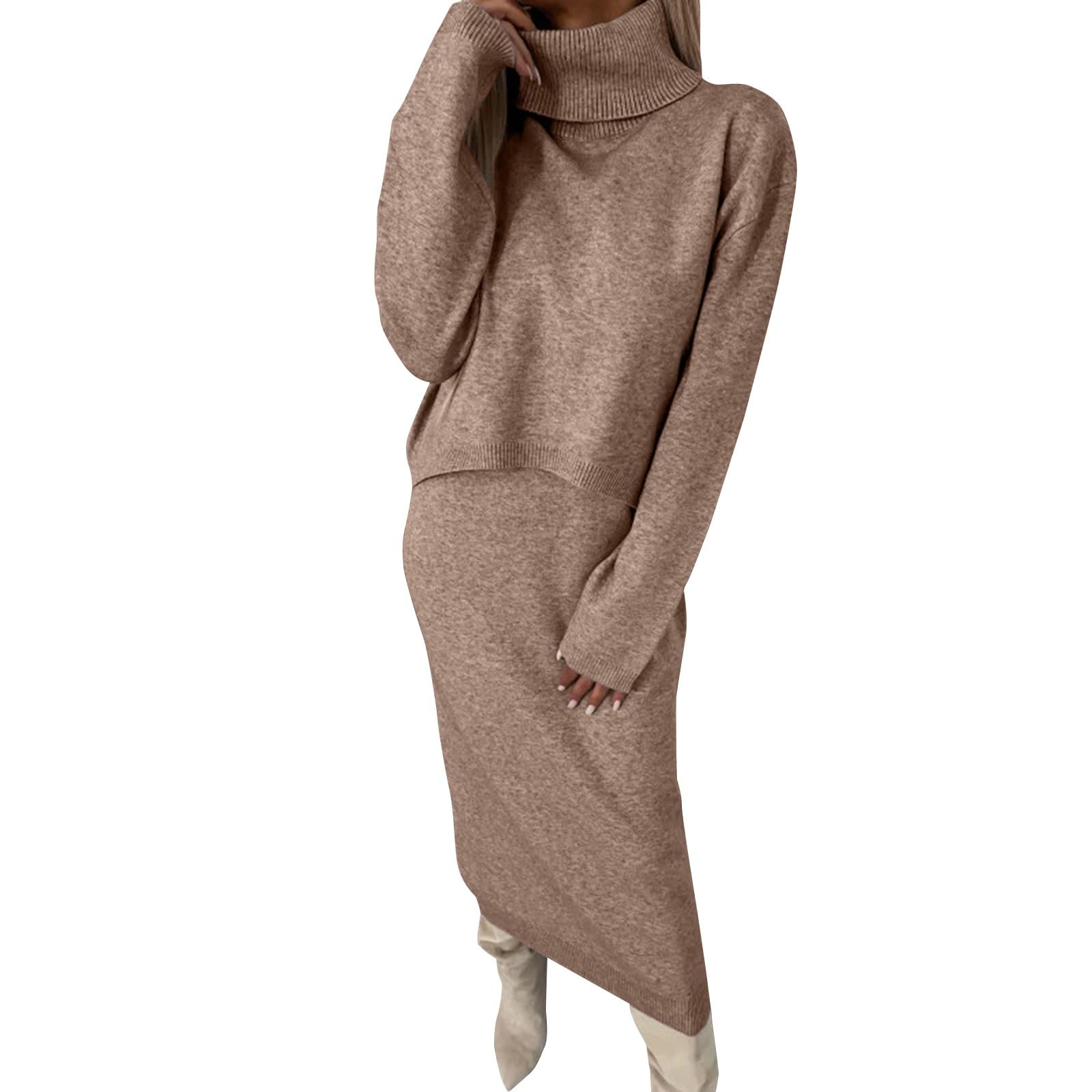 Damen Pulloverkleid Lang Strickanzug Winter Warm Elegant 2 Teiler Rollkragen Knit Freizeitanzug