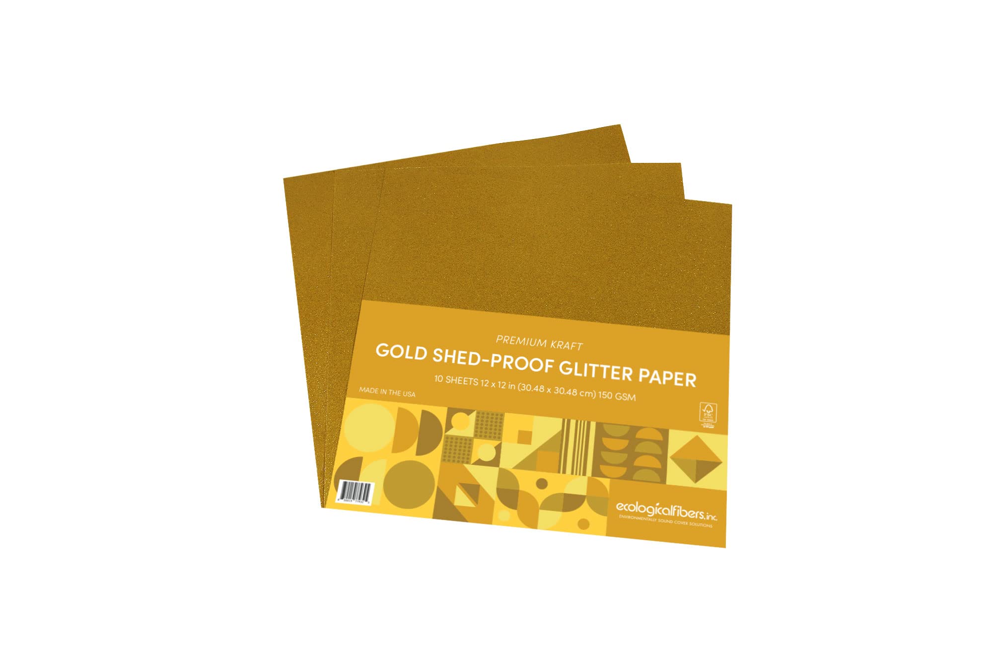 Ecological Fibers Premium Kraft Shed-Proof Glitter Paper, 12" x 12", Gold, Pack of 10