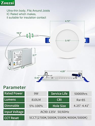 Vista 50 de zouzai - 12 luces LED empotrables ultrafinas de 4 pulgadas 6000K con caja de conexiones, 9 W, 810LM regulable, alto brillo Ra>85, certificado ETL