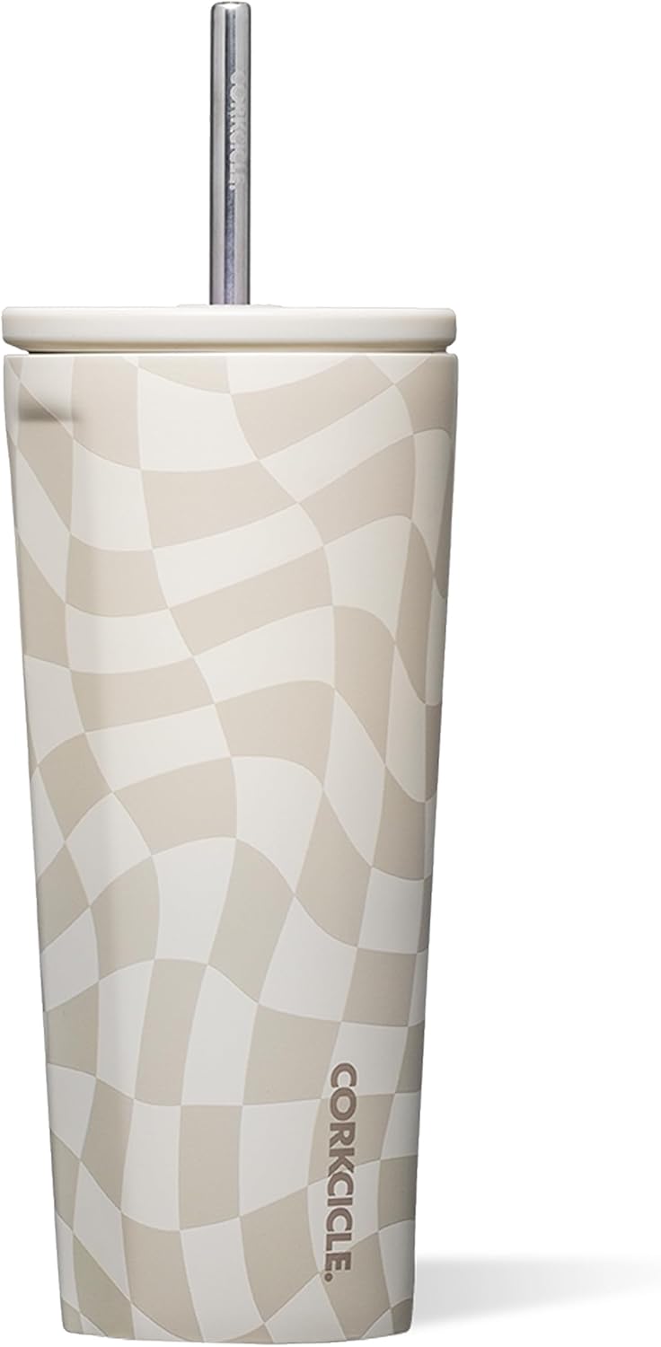 Corkcicle Cold Cup - Triple Insulated Tumbler with Straw - 12 Hours Cold - Leak-Resistant Lid - Easy Grip - Non-Slip Bottom - Summer Drinkware Gift - Keeps Drinks Ice Cold - 24 oz - Wavy Checkerboard
