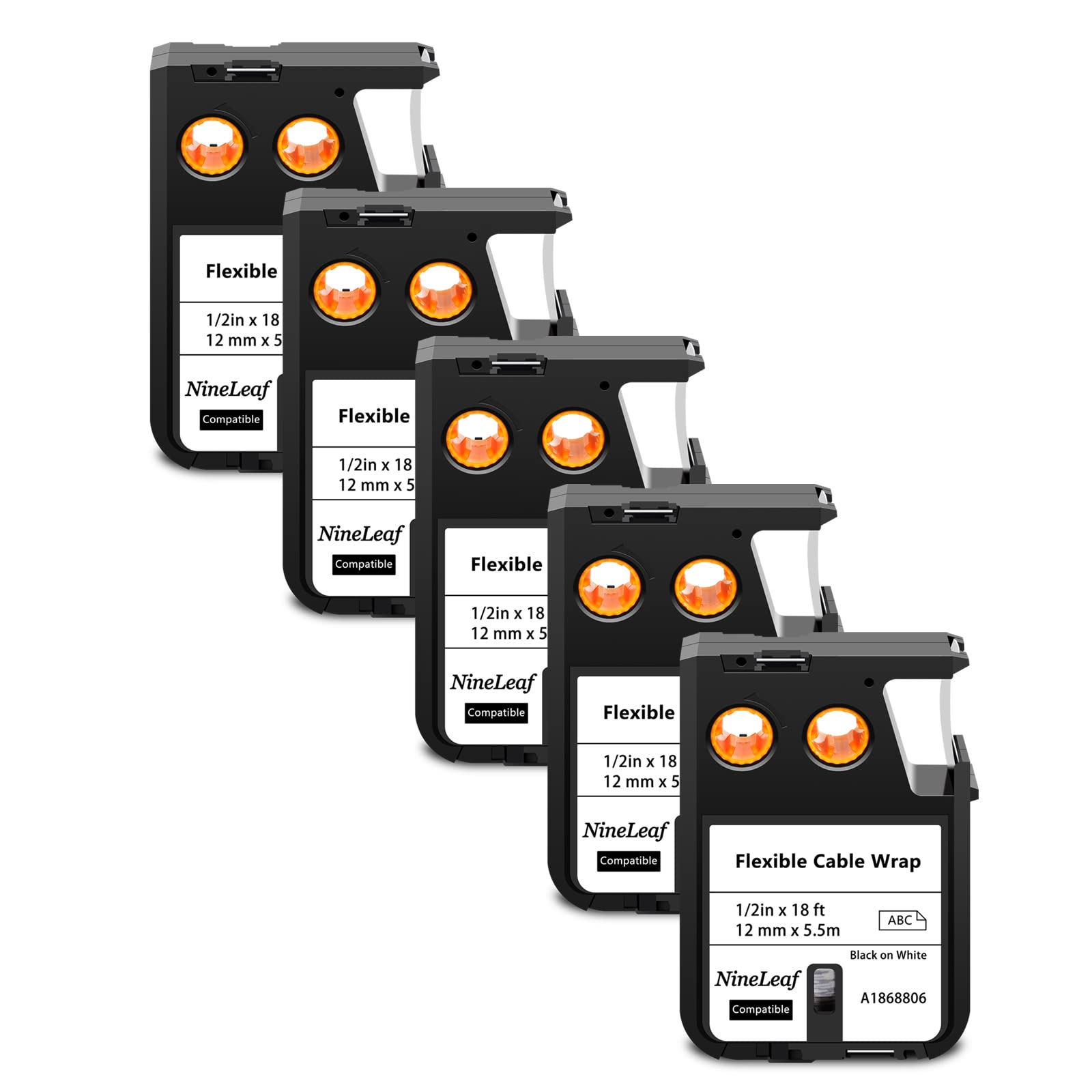 NineLeaf 5 Packung Ersatz für Dymo 1868806 A1868806 12mm x 5.5m 0.47'' 1/2 Zoll Schwarz auf Weiß Bänder Flexible Kabelummantelung Nylon Schriftband für Rhino XTL-300 XTL-500 Beschriftungsgerät