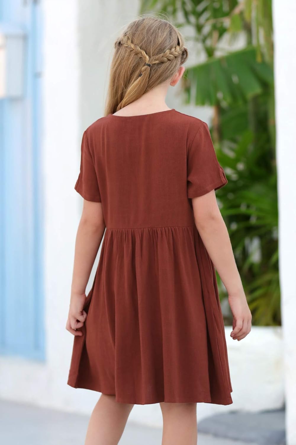 GORLYA Girl's Short Sleeve Button Up Pleated Waist Loose Casual Linen Midi Dress with Pockets for 4-12 Years Kids - Image 2