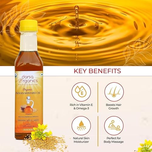 Miniatura 6 de Darsa Organics Aceite de mostaza prensado en frío 16.9 oz (16.9 fl oz)  USDA orgánico, sin refinar y sin químicos, rico en vitamina E y omega-3,