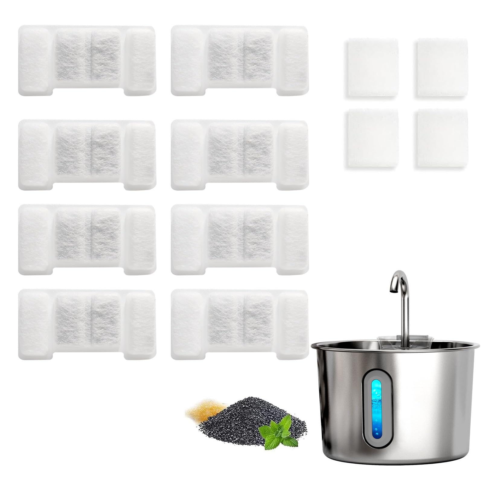 Filtros de repuesto para fuente de agua para gatos, paquete de 8 filtros de repuesto y 4 esponjas de repuesto para fuente automática de acero inoxidable para mascotas de 2.2L/74 onzas, ultra