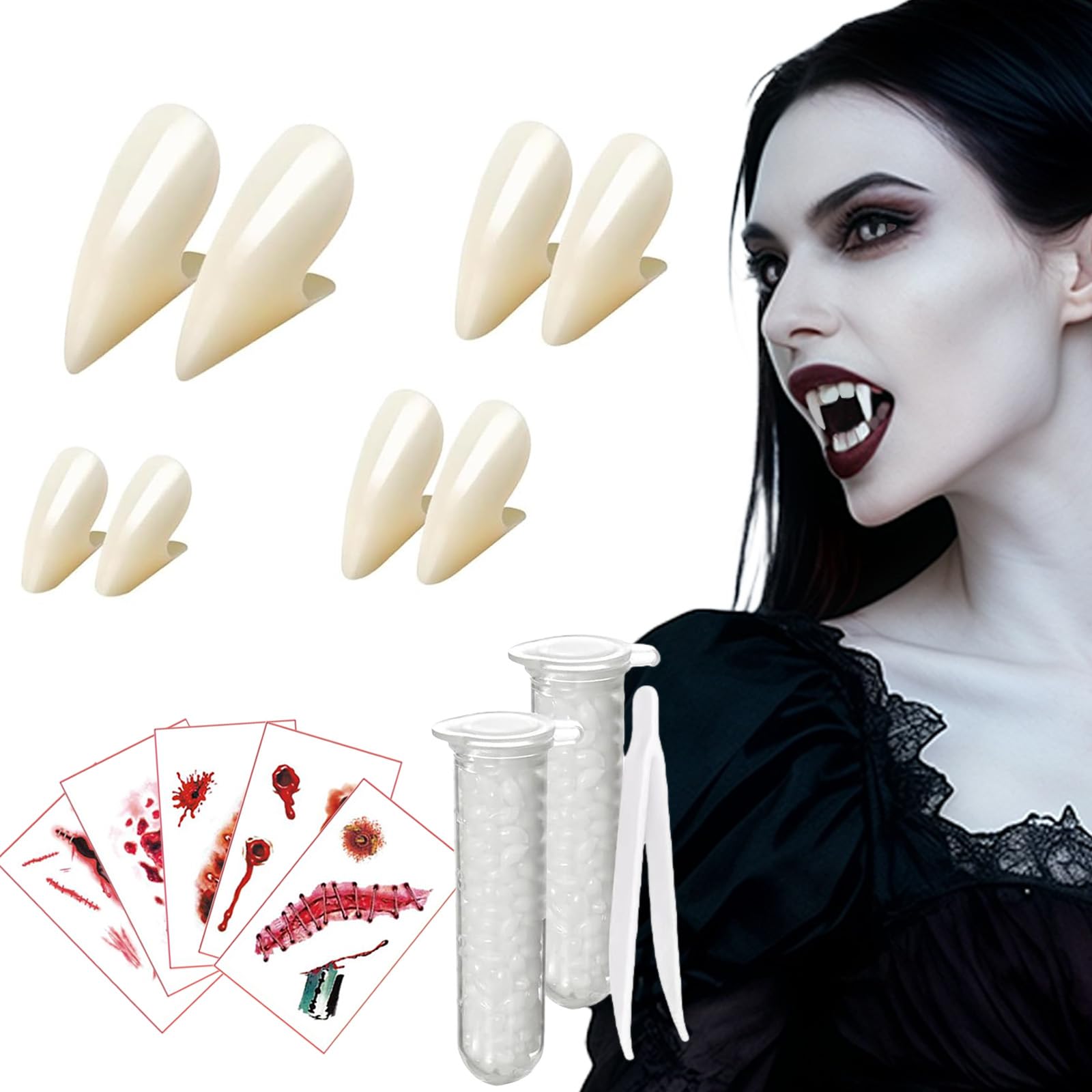 GWAWG 13 Piece Vampire Teeth Set, Halloween Carnival Party Horror Costume for Masquerade Cosplay Props, 5 Sheet Halloween Body Tattoos, 4 Pairs Fangs, 2 Tube Teeth Pellets Adhesive, 2 Tweezers
