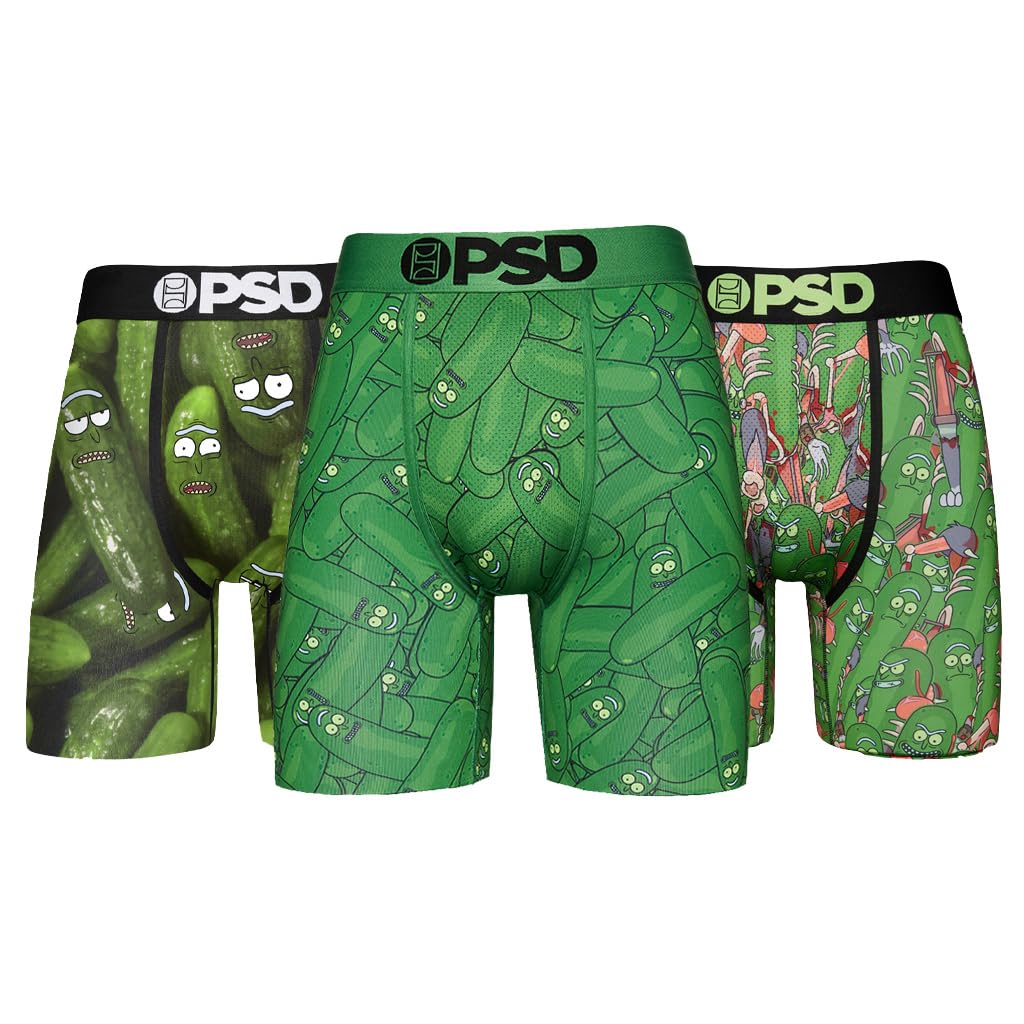 PSD Underwear Men's Stretch Elastic Wide Band Boxer Brief Underwear - Pack Pack, Multi/R&m Pickle 3pk, Medium