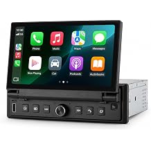 1 DIN Car Stereo with 6.8 Inch Retractable Touchscreen, Linux System, Wireless & Wired CarPlay Android Auto, Bluetooth FM USB AUX, Mirror Link, Steering Wheel Control, Backup Camera Input