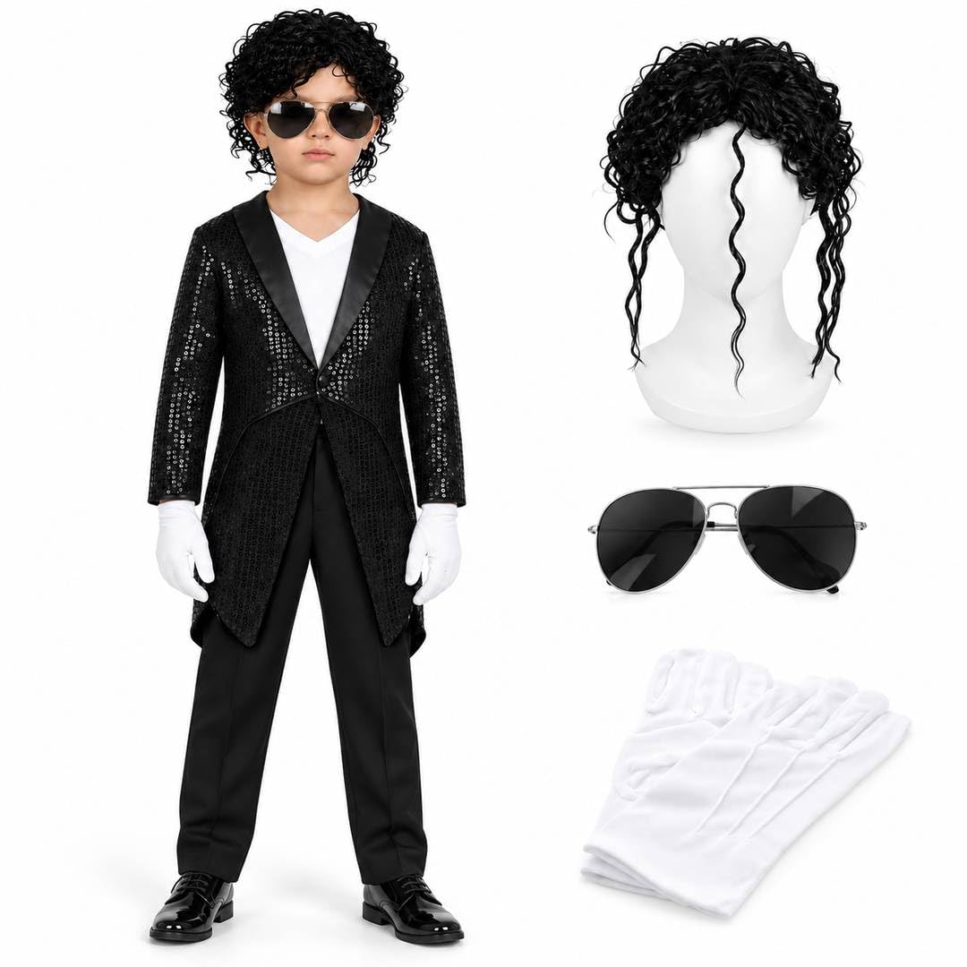 I LOVE FANCY DRESS Kids King of Pop Costume – Shiny Black Sequin Jacket Tailcoat, Curly MJ Wig, Aviator Glasses & White Gloves