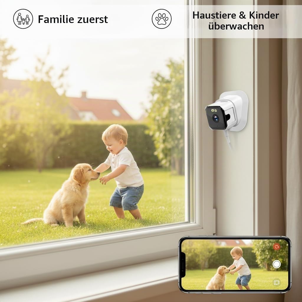 2K Fensterkamera Innen für Außenüberwachung, 3MP WLAN Kamera 2.4G/5G, KI Farb-Nachtsicht, Anti-Glare, PIR Bewegungserkennung, 24/7 Aufnahme, Alexa Kompatibel, Einfache Montage ohne Bohren, Weiß