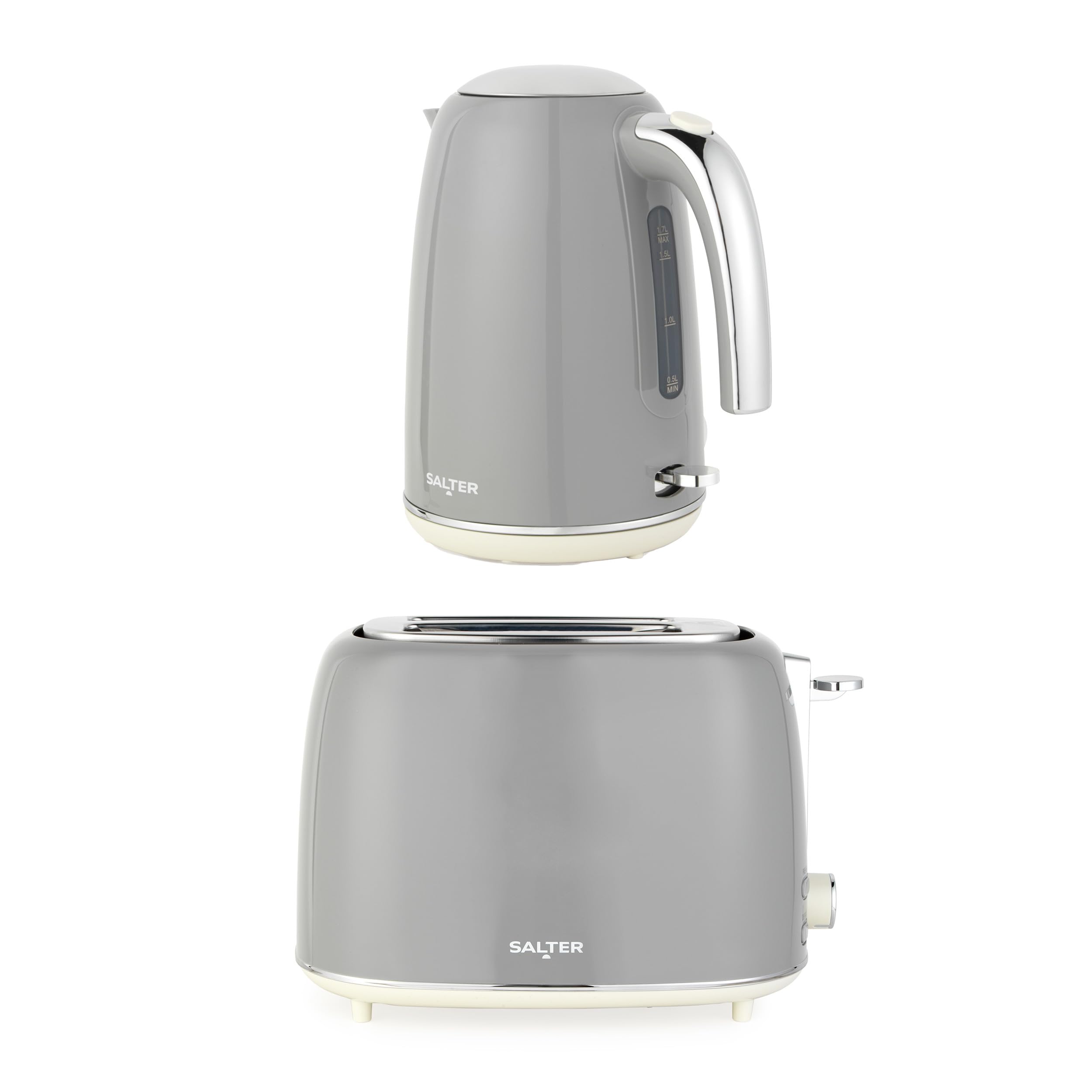 Salter Retro Kettle & 2-Slice Toaster Set – 1.7L 3kW Jug Kettle with 360° Base, Water Level Window, 815W Wide Slot Toaster, Plastic, 6 Browning Levels, Removable Crumb Tray, Grey