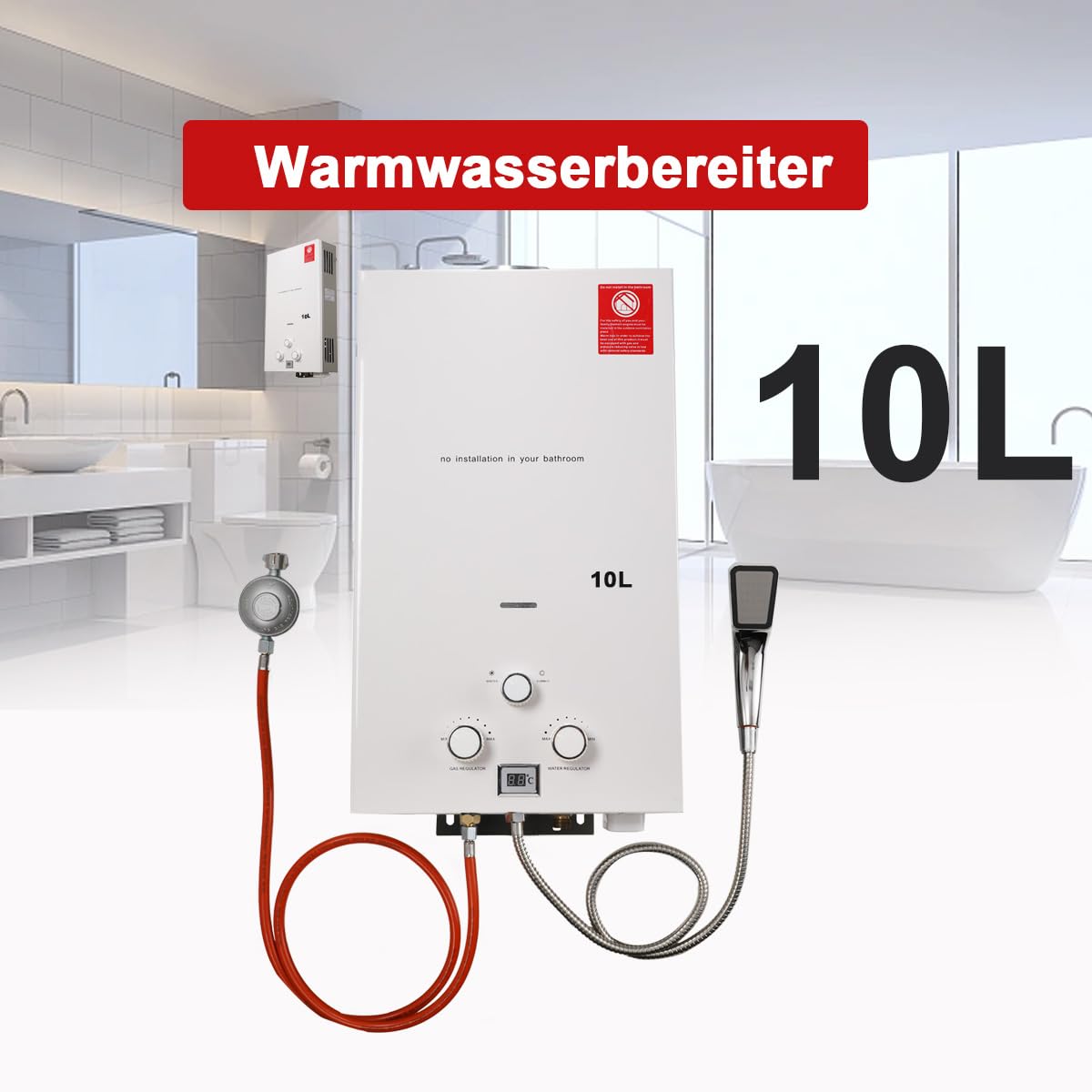 10L 20KW Tragbarer Gas Durchlauferhitzer Propangas Campingdusche mit Gasdruckminderer, für Dusche im Außenbereich Warmwasser Camping Dusche LPG Warmwasserbereiter Warmwasser Tankless Instant