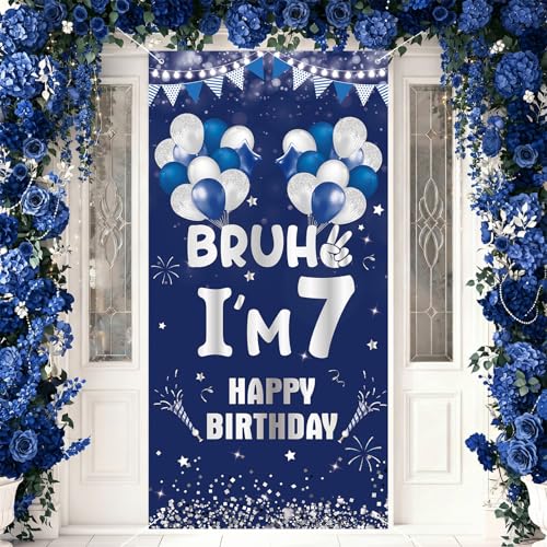 7th Birthday Door Cover Banner Decorations for Boys Blue Silver Bruh I'm 7 Birthday Backdrop 7 Year Old Bday Background for Kids 7th Birthday Party Decorations Supplies Photo Props Decor