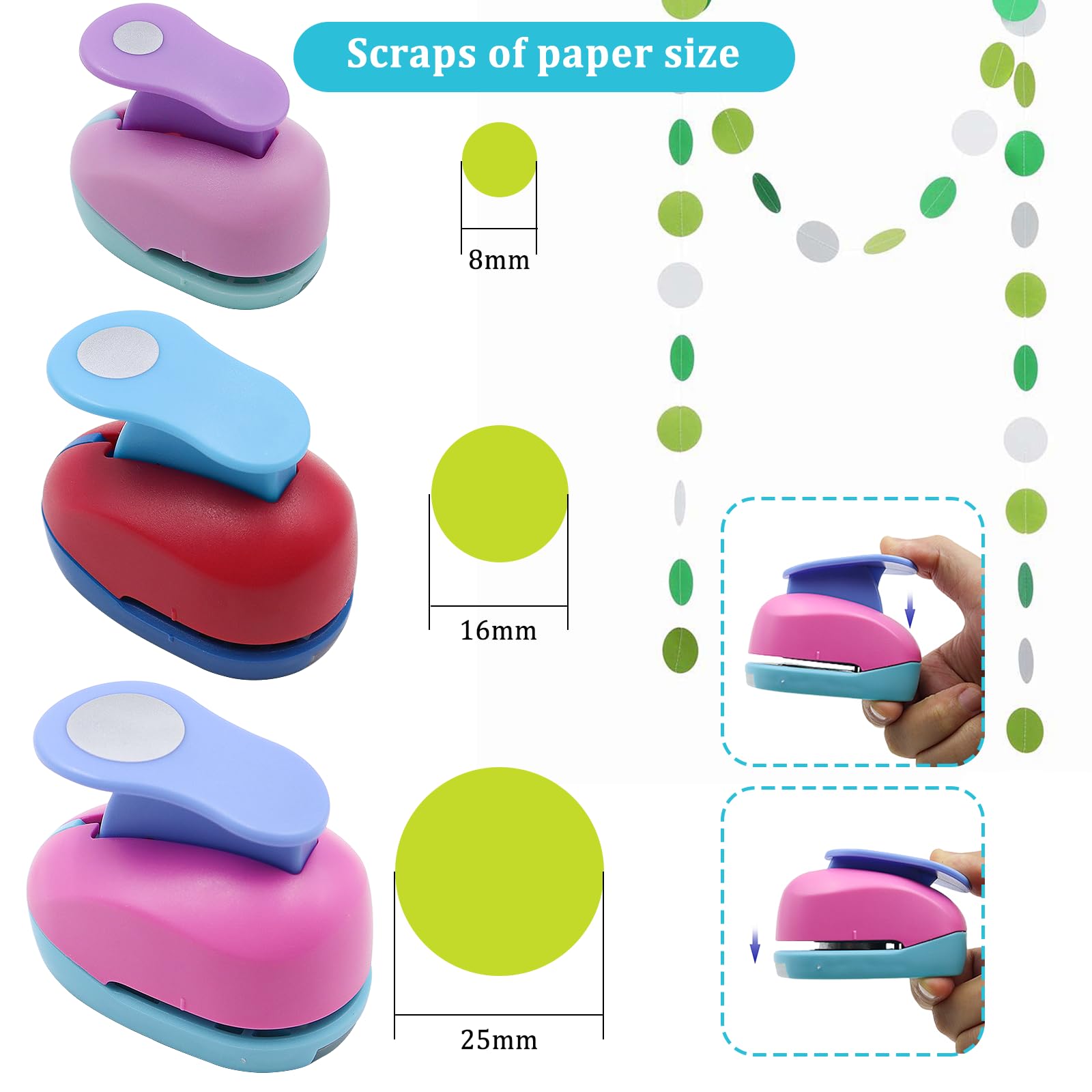 Set 3 Perforatori Per Carta Circolari 9mm, 15mm, 25mm - Fustelle Per Fai Da Te, Biglietti, Album, Coriandoli, Con Raccoglitore