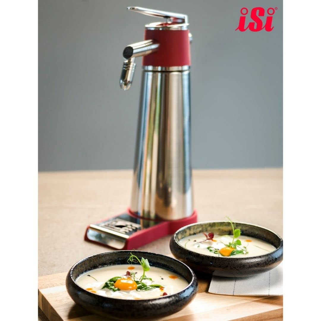 iSi Thermo XPress Whip PLUS 1 Liter, Freistehendes Sahnegerät mit Thermoisolation, Für Warme und Kalte Anwendungen, iSi Sahnespender Edelstahl, Spülmaschinenfest, Inkl. Reinigungsbürste, Silber, Rot