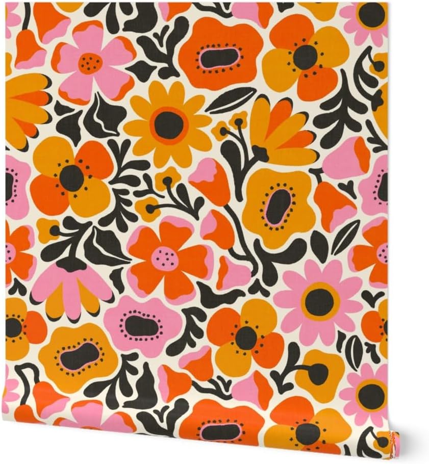 Spoonflower Peel & Stick Wallpaper 3ft x 2ft - Retro Abstract Poppies Seventies Floral Botanical Flowers Dopamine Dressing MCM Mid Mod Midcentury Custom Removable Wallpaper