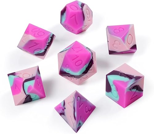 Miniatura 5 de Juego de dados de silicona DND, Dungeons and Dragons D&D RPG poliédricos blandos y hinchables de goma D y D con estuche protector (rosa, rosa, azul