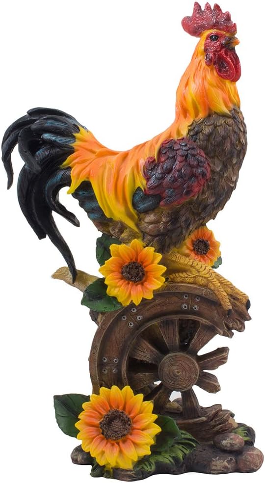 Classic Proud Rooster Statue on Old-Fashioned Wagon Wheel with Sunflower Accents for Rustic Country Kitchen Decor Sculptures As Farm Animal Gifts for Farmers