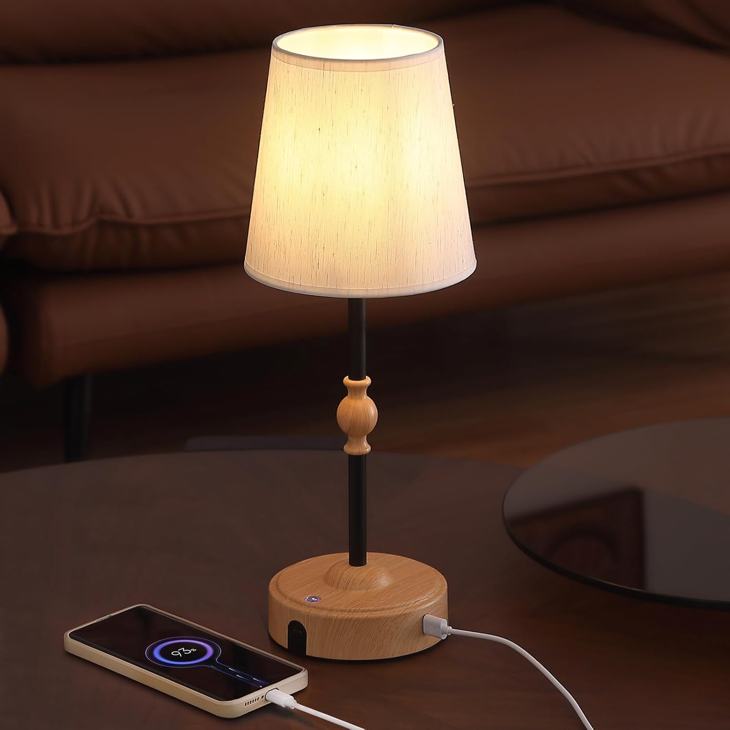 Cordless Rechargeable Table Lamp with Dimmer,Portables Battery Operated Table Lamp,Touch Dimmable Desk Lamp with USB Port,Bedside Night Lamp for Patio Camping Restaurant Home Wood Grain
