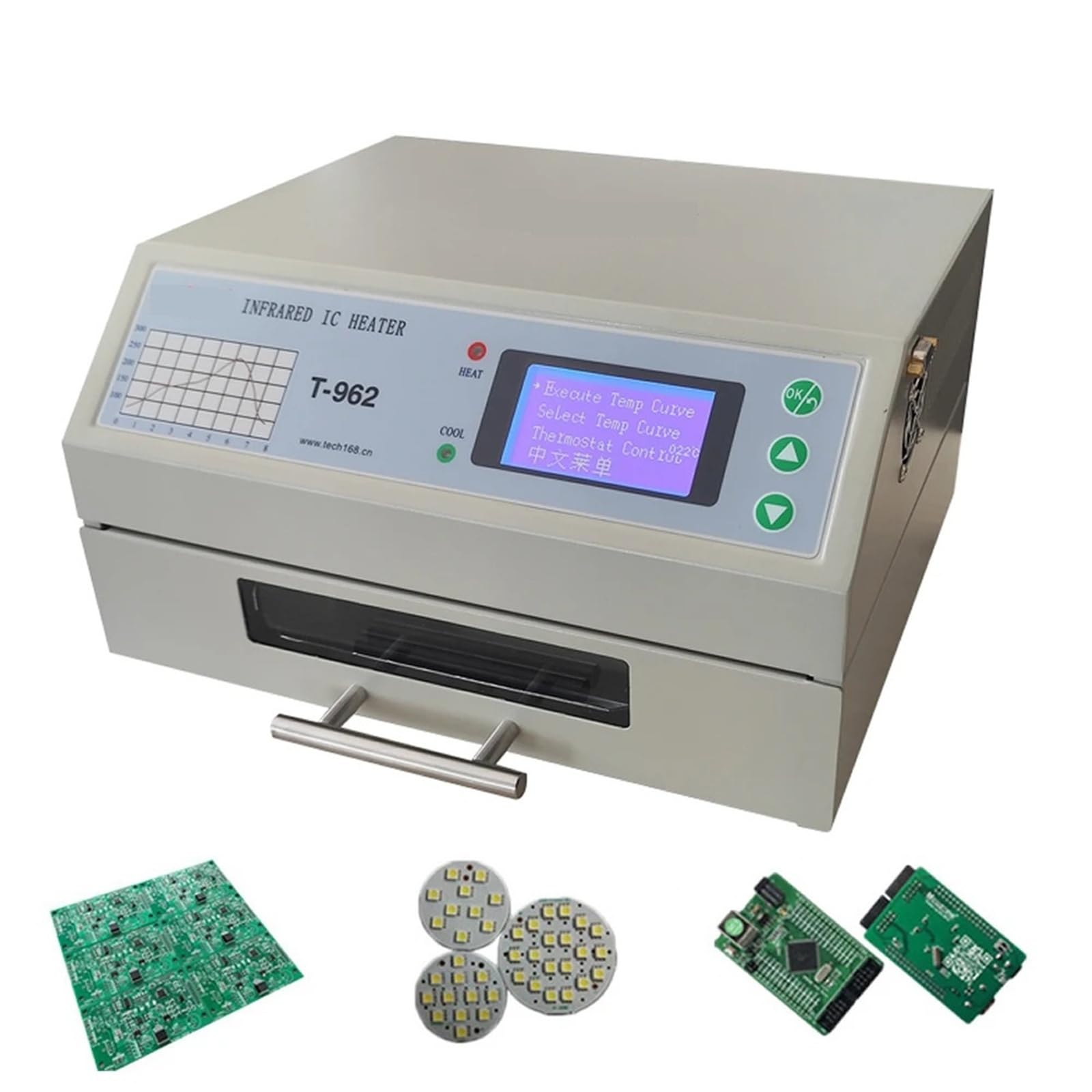 Piec rozpływowy 800 W, biurkowy, podgrzewacz podczerwieni T-962, lutownica, 180 x 235 mm, do lutowania układów BGA, SMD, SMT