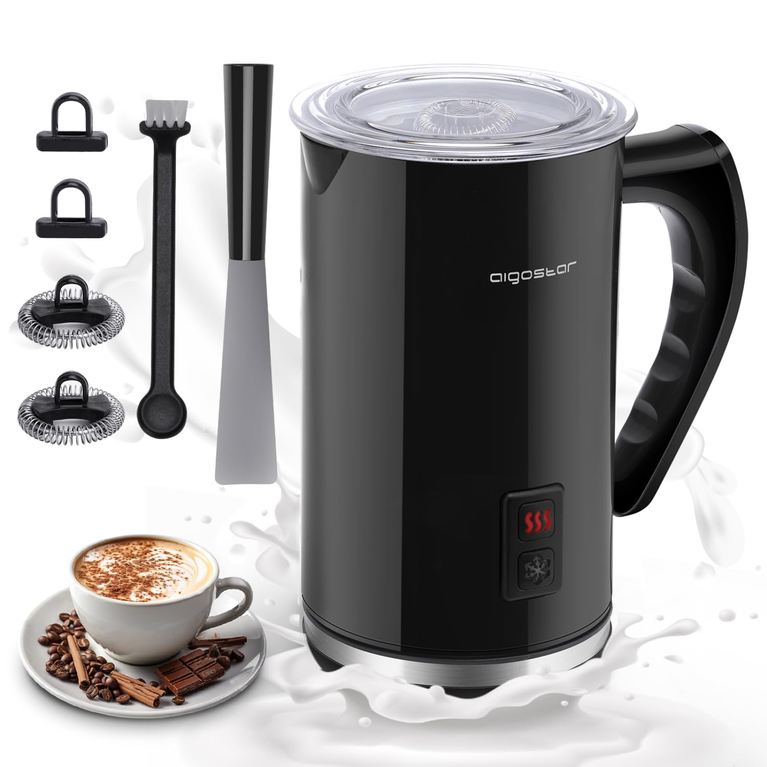 Aigostar Capu - Espumador de Leche Eléctrico 500W, 3 modos Espuma Leche Caliente/Fría para Café, Latte, Cappuccino,Chocolate, 115ml/240ml, Recubrimiento Antiadherente, Silencioso, Negro