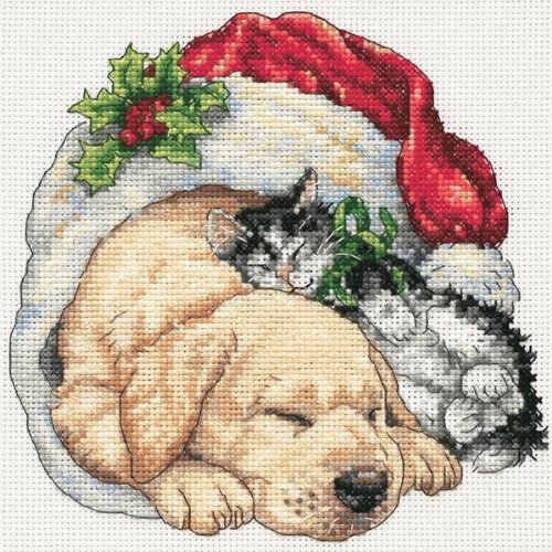 Image of Dimensions 8826 Gold Collection Counted Cross Stitch Kit, Christmas Morning Pets, 18 Count White Aida, 6'' x 6''