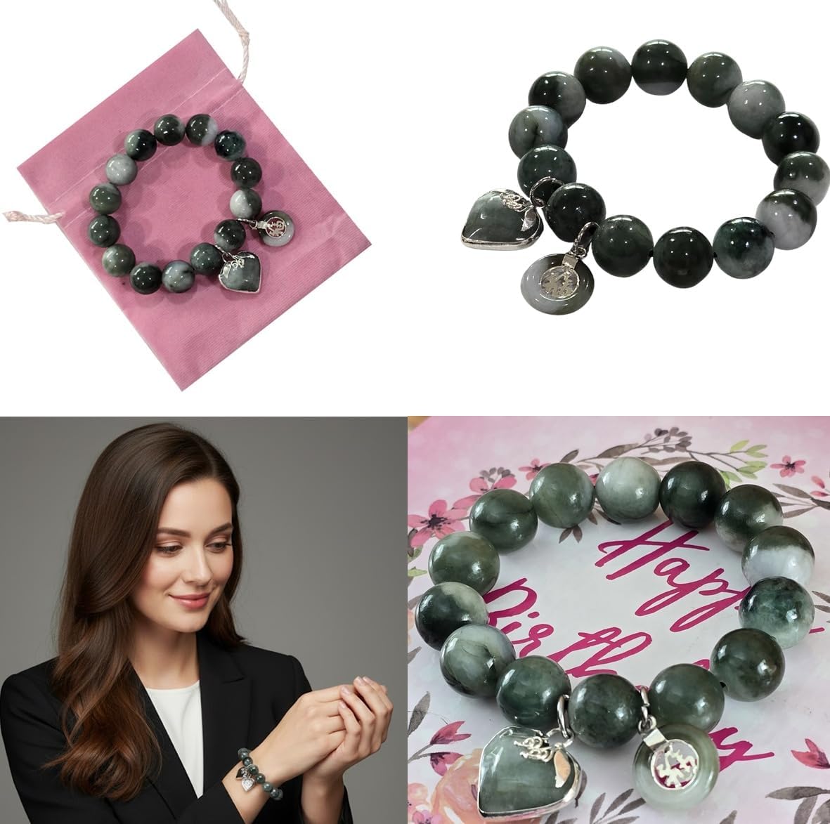 Premium Natural Green Jade Bracelet 13.7mm Beads – Handmade Elastic Rope 6.5” with Heart & Lucky Coin Charms – Healing Crystal for Wealth, Health, Love & Protection – Unisex Gift Pouch Ready - Image 8