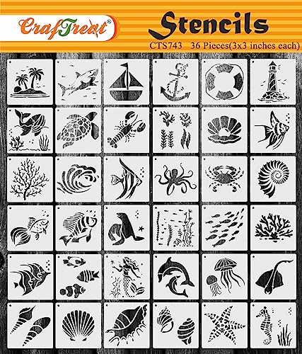 CrafTreat Reusable Sea Animals Set Stencils 3X3 Inch (36pcs) for Painting on Wood Canvas, Paper, Fabric, Floor, Wall, Tile