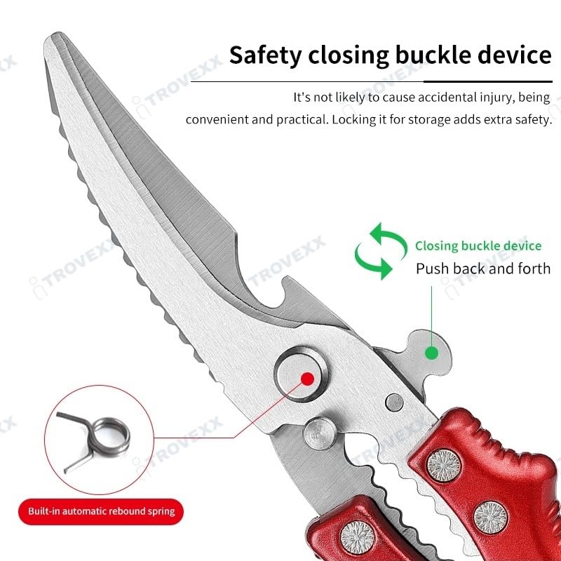 Image of Heavy Duty Poultry Shears Kitchen Scissors for Chicken Meat Fish & Turkey Cutting. Multifunction Japanese Chef Shear with Safety Lock, Non Slip Handle, Bottle Opener & Nut Cracker