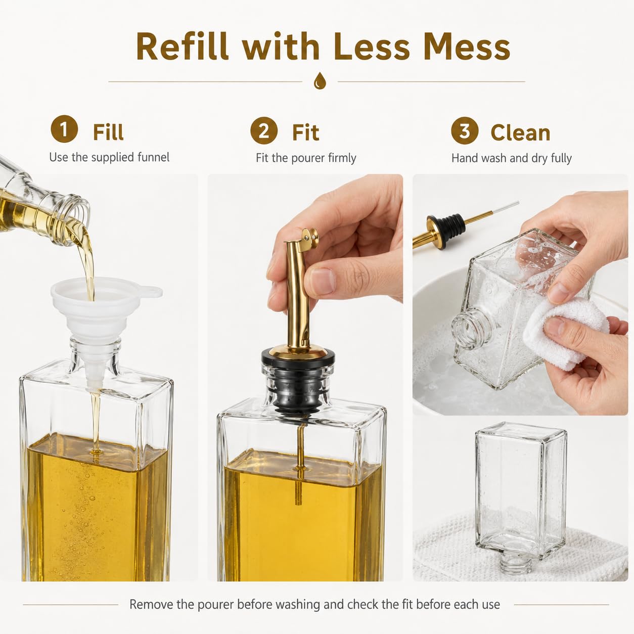 4-teiliges Olivenöl- und Essigspender-Set, Glasflaschen mit goldenen Tüllen, 500 ml Fassungsvermögen, inklusive 36 Etiketten und Trichter für präzises Ausgießen und einfache Identifizierung