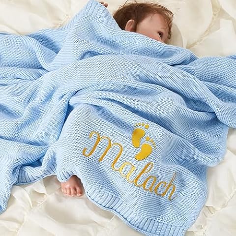 Custom Knit Baby Blanket,Personalized Receiving Blanket with Embroidered Name, Newborn Baby Gifts,Cozy Soft Cotton Car Seat Blanket, Strollers Blankets for Infant Boy Girl(80cm*100cm) Cover