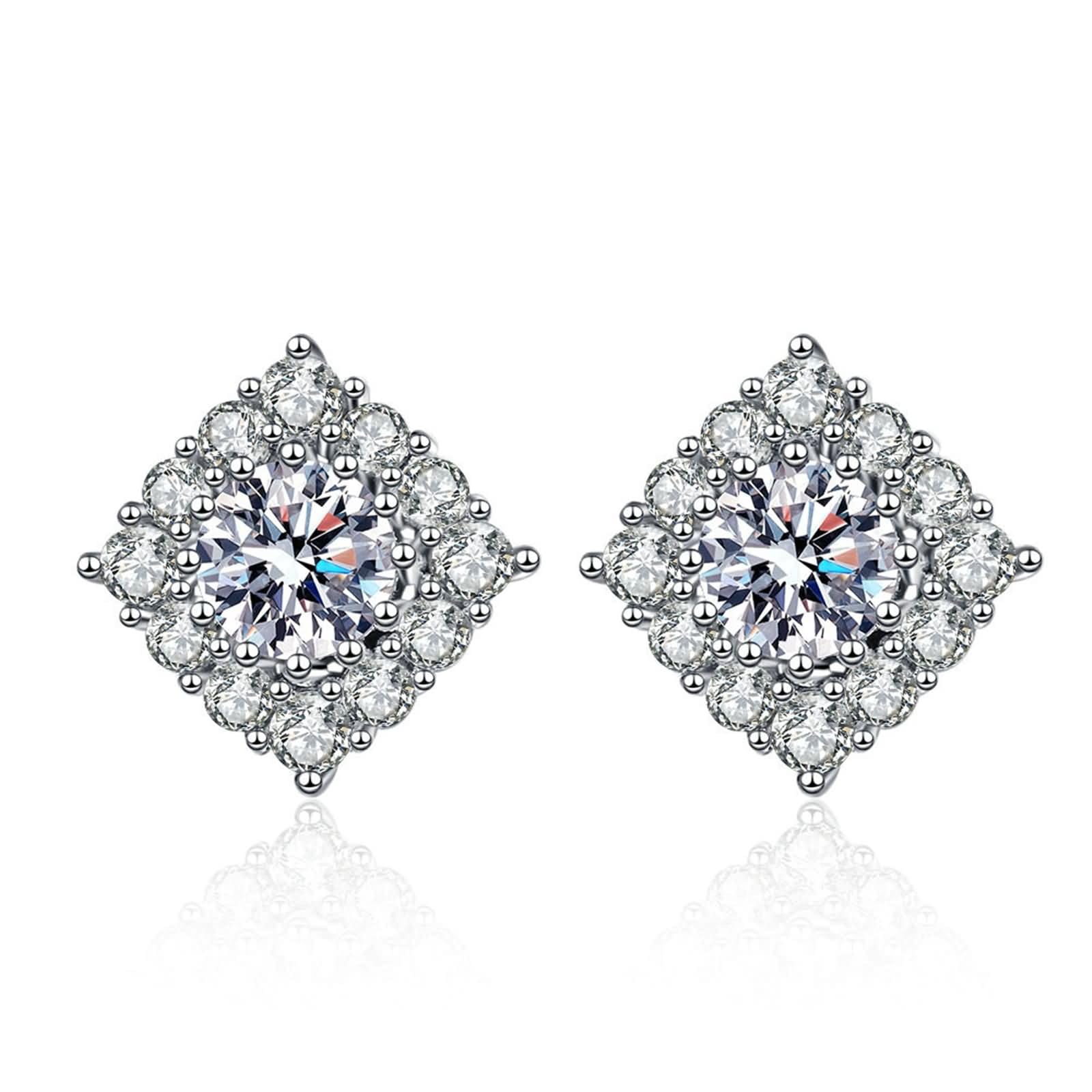 Ohrringe Hochzeit Weißgold 9K / 14K / 18Karat für Damen, Raute und Rund mit Moissanit, Ohrringe Ohrstecker Damen Silber