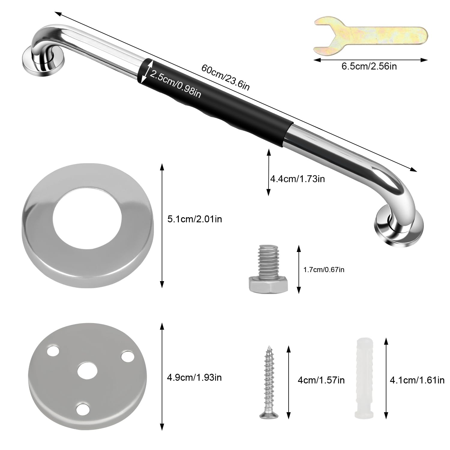 sunzone Barra di sicurezza per il bagno, 40 cm, impugnatura in gomma, antiscivolo, corrimano in acciaio inox, barra di presa per doccia per disabili, per adulti più anziani