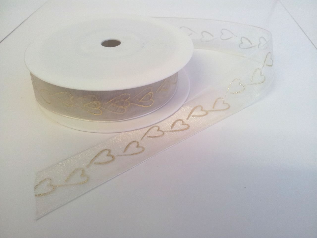 Rpribbon Beige Ivory Organza Wedding Ribbon With Printed Gold Hearts 15Mm 20M