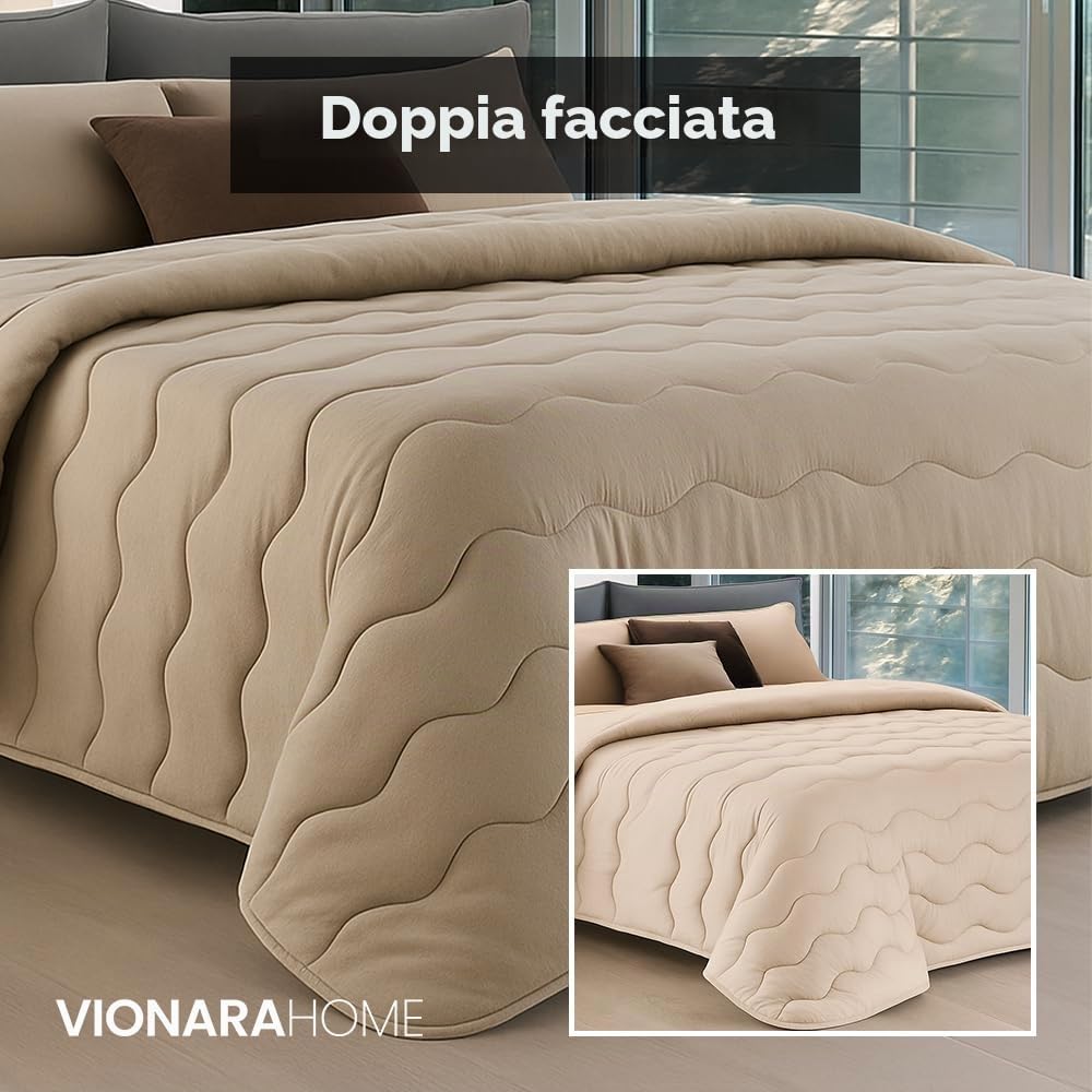 Vionara Home Trapunta Invernale in Microfibra, Tinta Unita Double Face, Imbottitura 300 gr, Piumone Morbido e Avvolgente, Made in Italy (Beige, Matrimoniale)