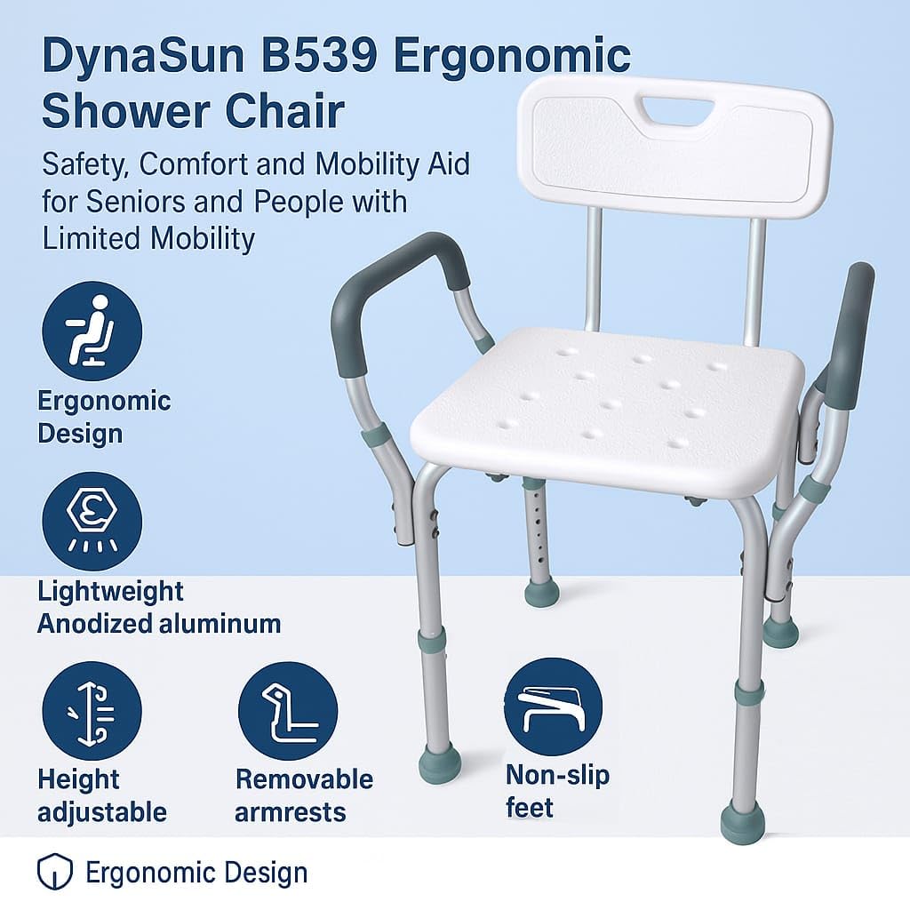 Sedia da doccia ergonomica DynaSun B539 sgabello da bagno regolabile in altezza con braccioli e schienale per anziani e persone con mobilità ridotta
