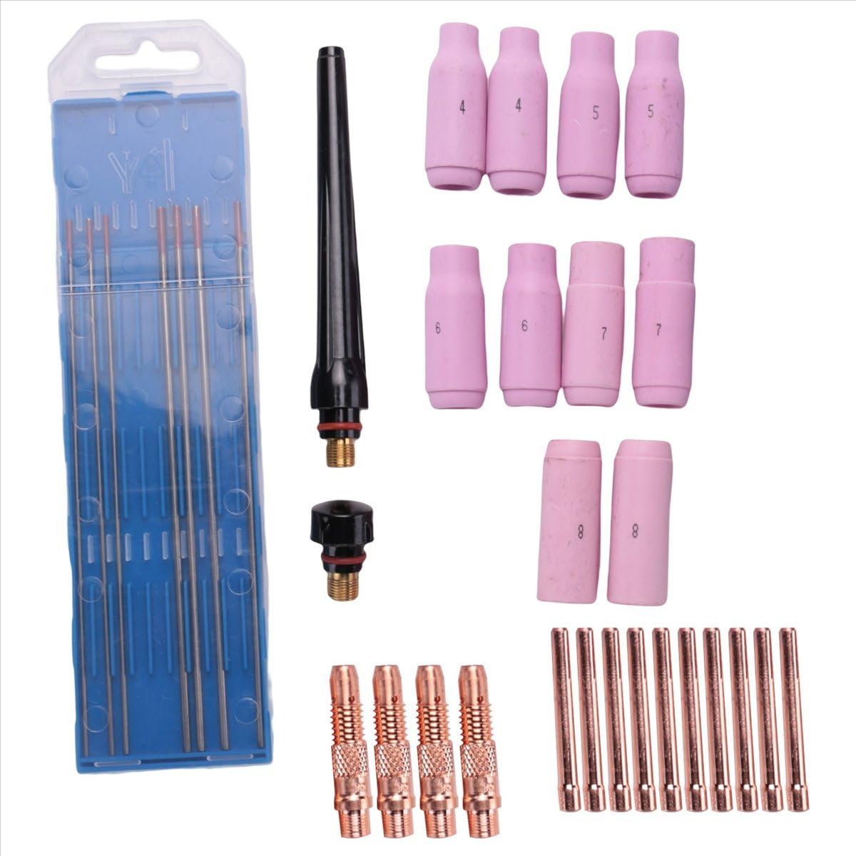 Zestaw akcesoriów spawalniczych TIG, tuleje adapterowe + obudowa + dysze ceramiczne + elektrody wolframowe do palnika -26