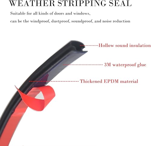Miniatura 2 de Tira de sellado de puerta negra de 26 pies, sello de puerta, parte trasera autoadhesiva en forma de D, para aislamiento de marcos de puerta y