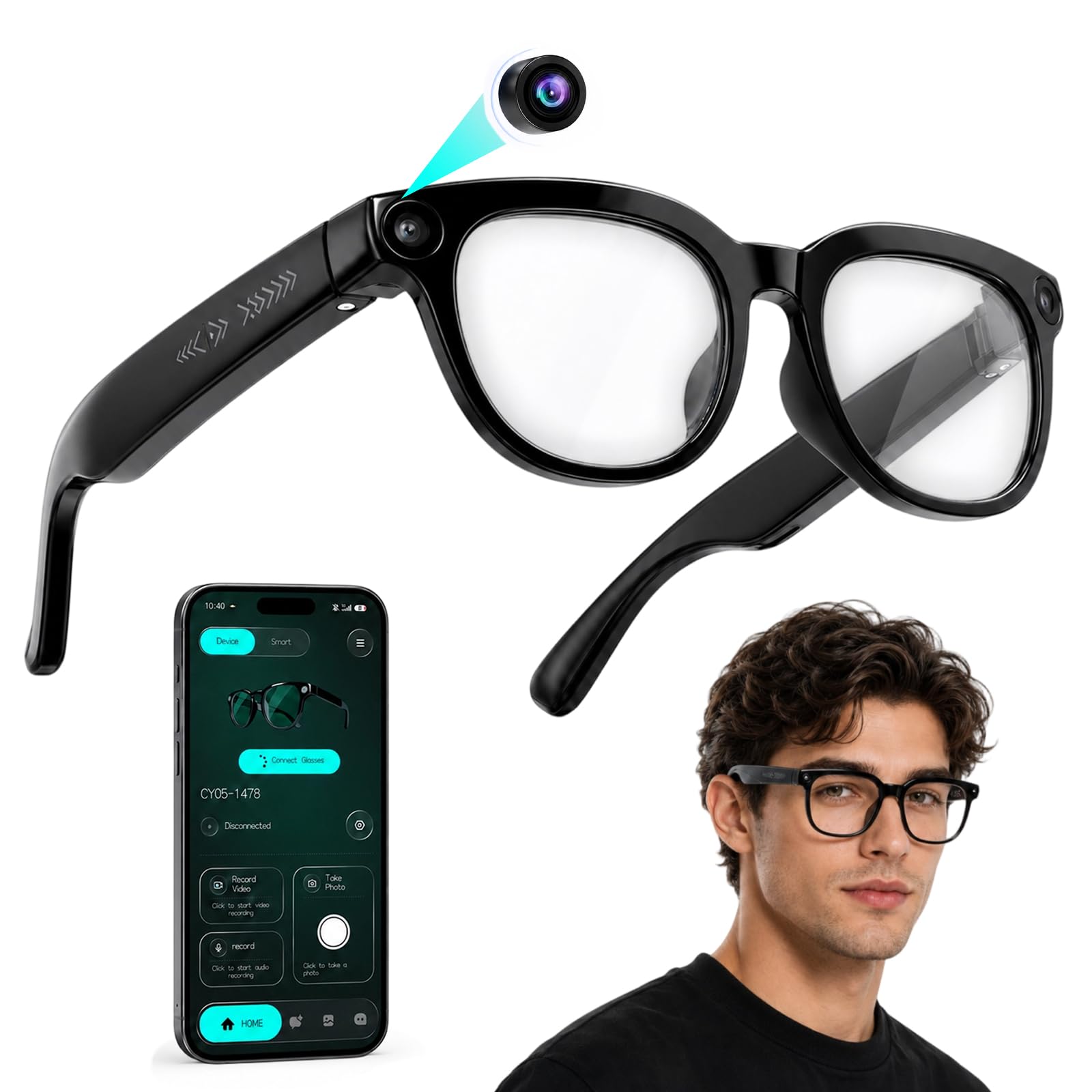AI Smart Glasses con fotocamera 800W HD, 164 lingue, occhiali per uomo e donna, registrazione video 1080p, riconoscimento oggetti, Bluetooth, audio aperto, assistente vocale (nero1)