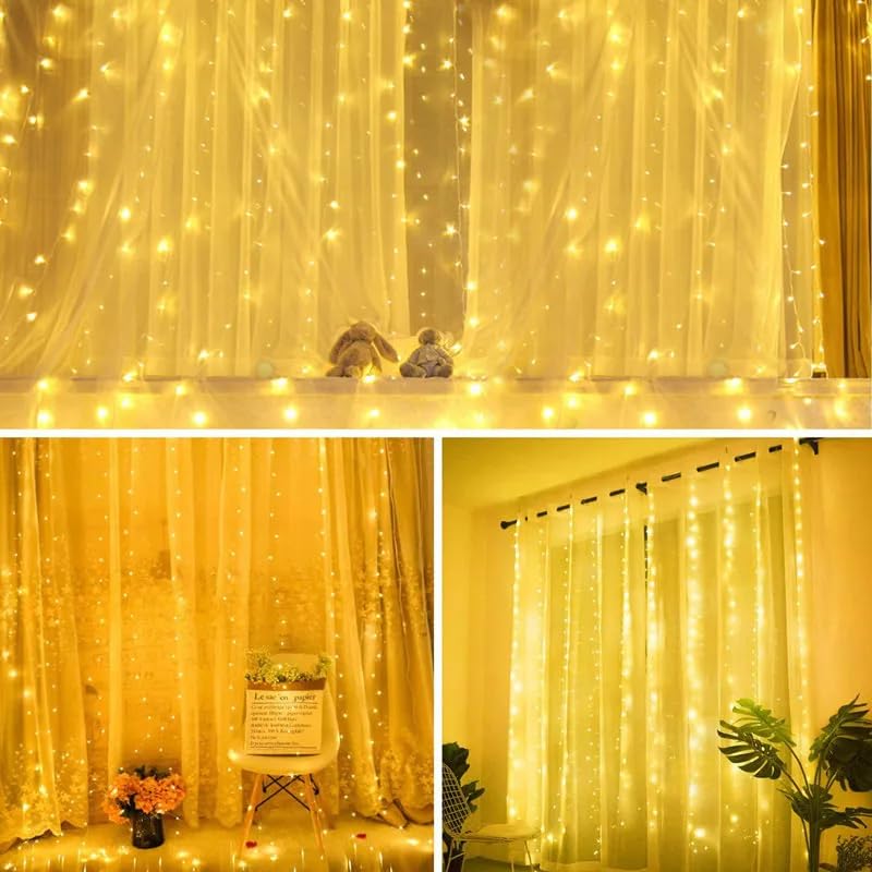 Image of 300 LED Warm White Fairy Curtain Lights - 3m USB Plug-in String Lights with Remote Control, 8 Modes for Indoor /Outdoor Use - Perfect for Bedroom, Weddings, Parties, and Holiday Decor (1, Warm White)