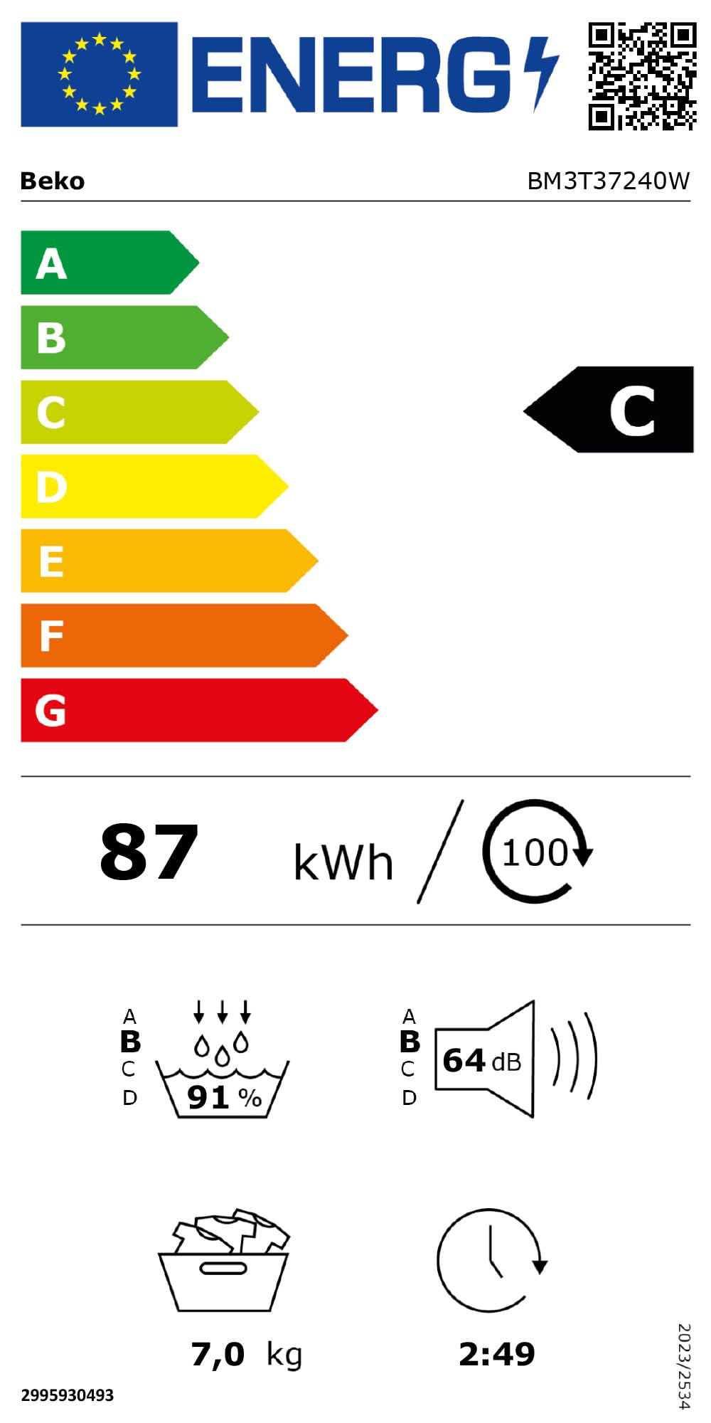 Beko BM3T37240W Wärmepumpentrockner, 7 kg Fassungsvermögen, 15 Programme, Schontrommel, Knitterschutz, Kombinierter Filtermechanismus, Weiß