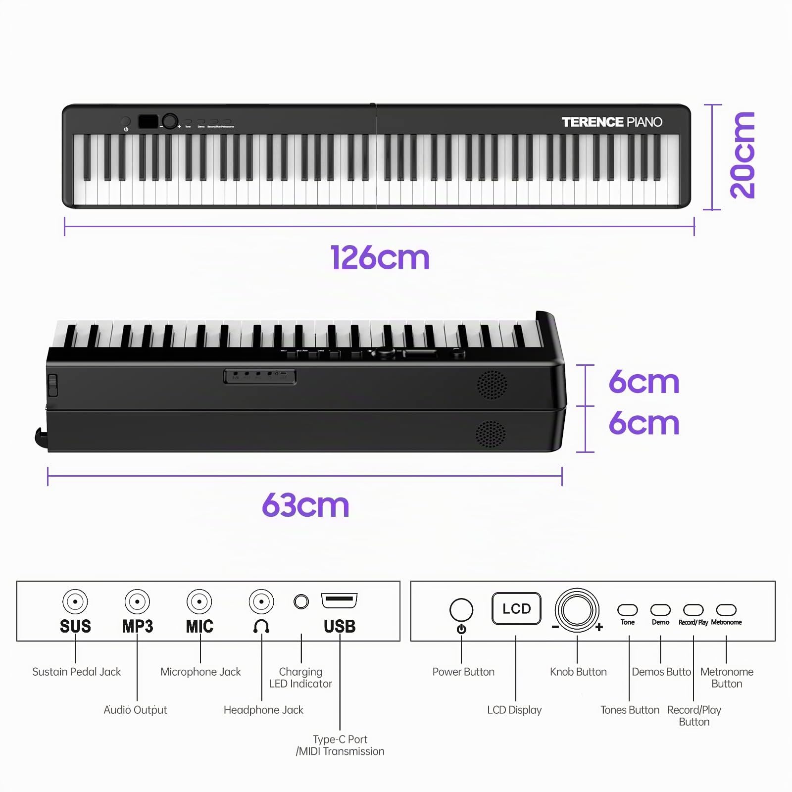 TERENCE Pliable Piano Numérique avec 88 Touches semi-lestées et Batterie de 1800mAh et interface USB MIDI avec support de partitions Bluetooth Sacs pour Clavier Câble audio Casque Pédale de sustain