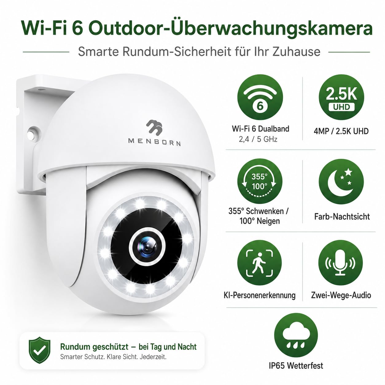 Überwachungskamera Aussen WiFi 6, WLAN Kamera Outdoor 2,5K mit 2,4/5GHz 2PC | Dualband, 360° PTZ Kamera mit Flutlicht, Farb-Nachtsicht, Auto Tracking, 2-Wege-Audio, Alexa kompatibel