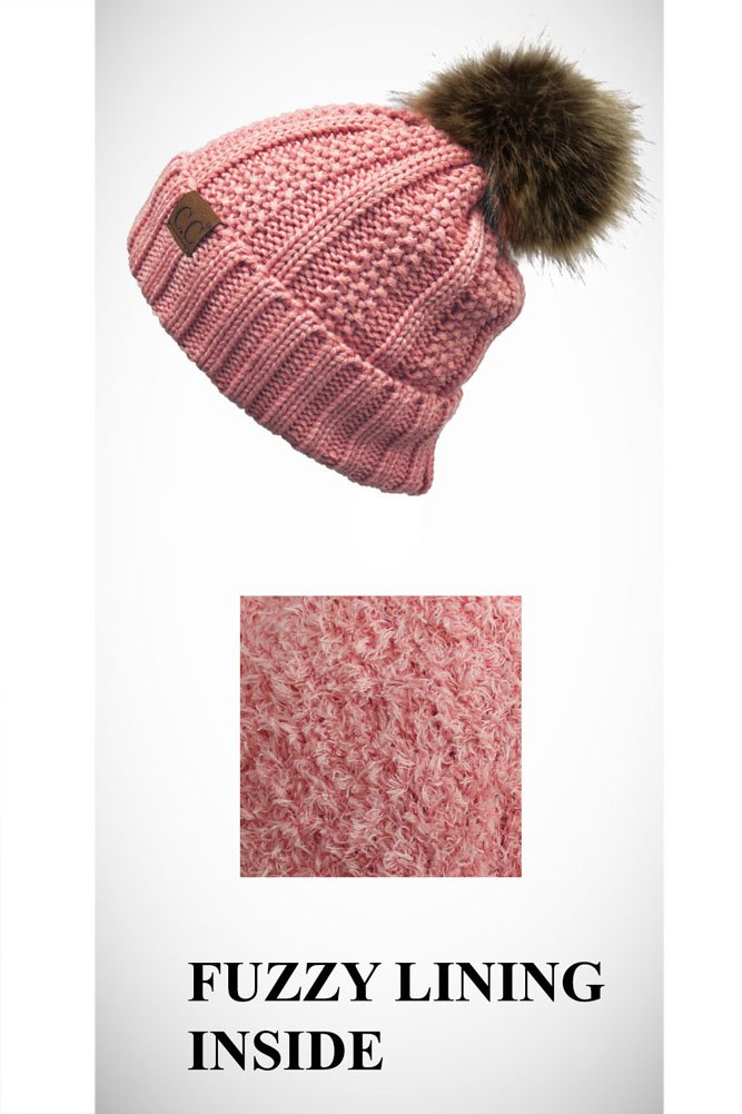 ScarvesMe Winter Thick Multicolor Cable Knit Hat with Fuzzy Lining with Fur Pom