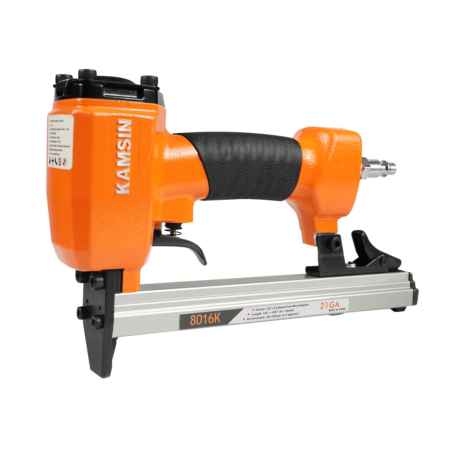 KAMSIN 8016K Grapadora neumática compacta para tapicería, calibre 21, tipo 80, grapas de 6-16 mm para muebles, tapicería | 21GA serie 80, corona 12,8mm, longitud de pata 6-16mm, 200 grapas incluidas, aluminio ligero, mango ergonómico, para tejidos