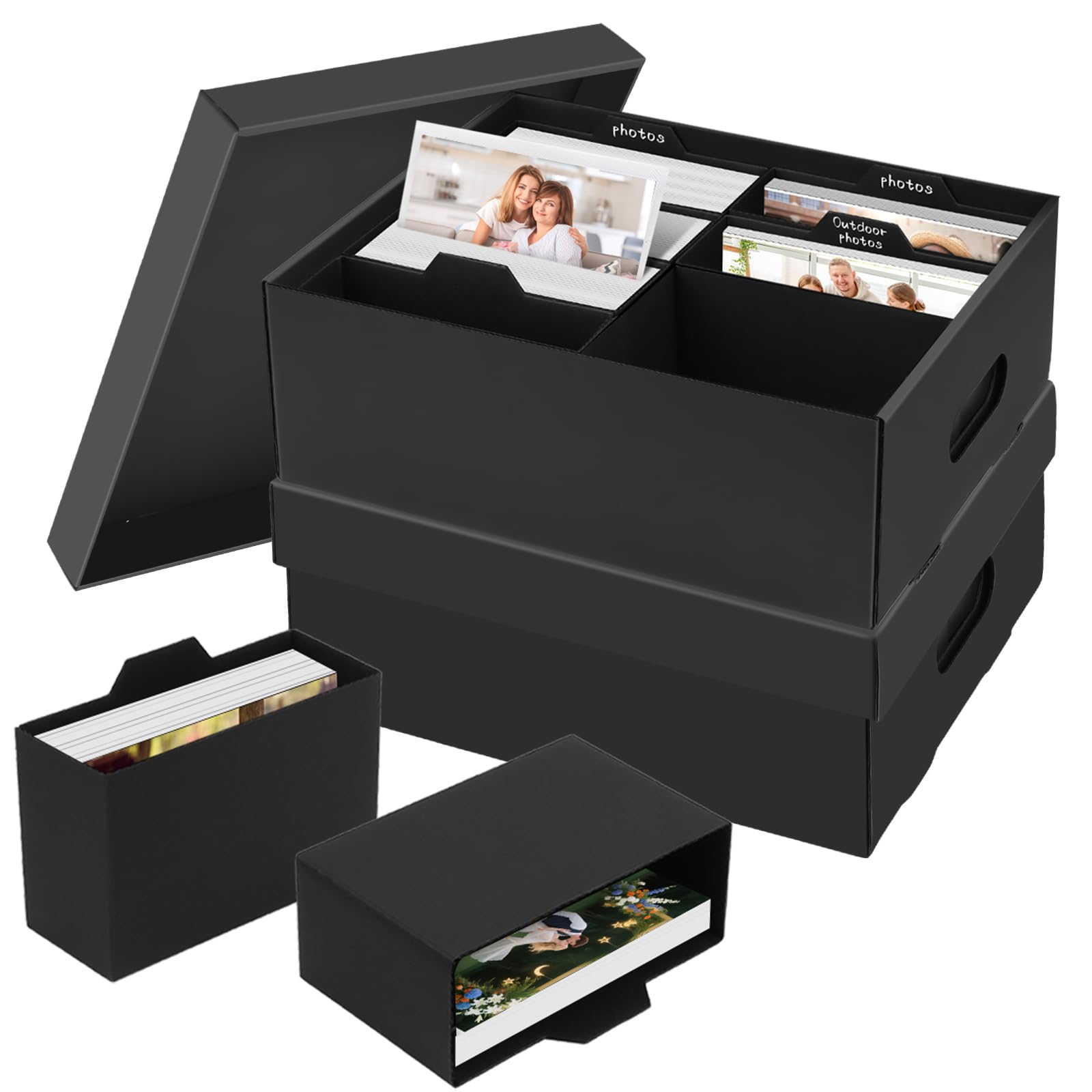 Lot de 2 Boîtes de Rangement pour Photos de 13 x 18 cm - 8 Boîtes Intérieures - Album photo - Organiseur de Photos en Carton avec Couvercle pour Artisanat, Photos, Scrapbooking- Noir