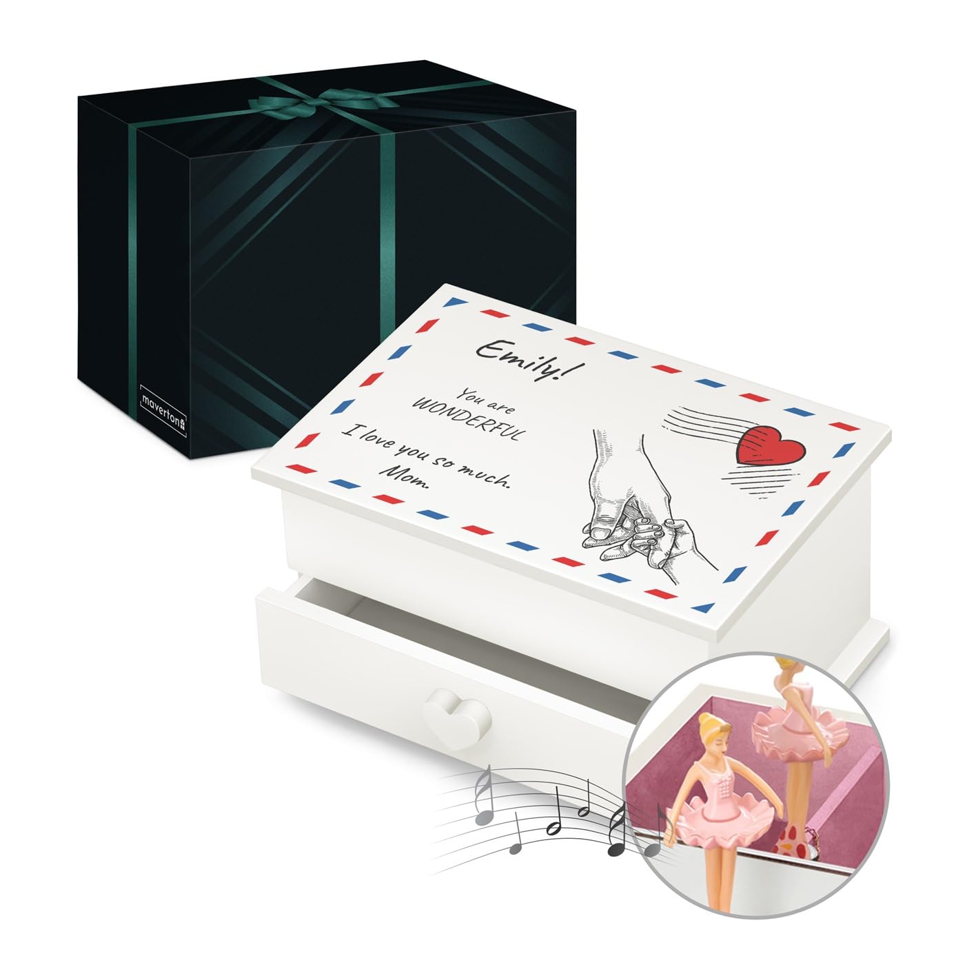 Maverton Personalised Music Ballerina Box for Woman - White Wooden Jewellery Box with Drawer - Customisable Organiser for Birthday Gift